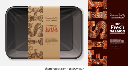 Package Design For Fresh Fish Meat, Salmon, Tuna, Trout Fillet With Stylish Typography On Craft Paper Label Or Tag. Plastic Food Foam Butcher Container Realistic Vector Mockup