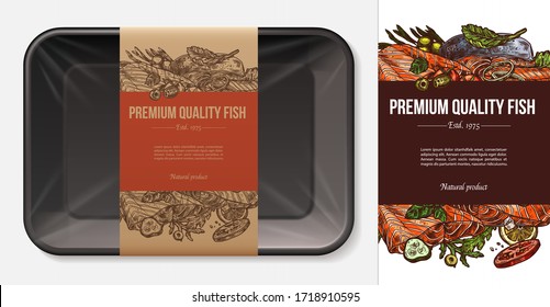 Package Design For Fresh Fish Meat, Salmon, Tuna, Trout Fillet With Stylish Typography On Craft Paper Label Or Tag. Plastic Food Foam Butcher Container Realistic Vector Mockup