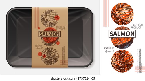 Package Design For Fresh Fish Meat, Salmon, Tuna, Trout Fillet With Stylish Typography On Craft Paper Label Or Tag. Plastic Food Foam Butcher Container Realistic Vector Mockup