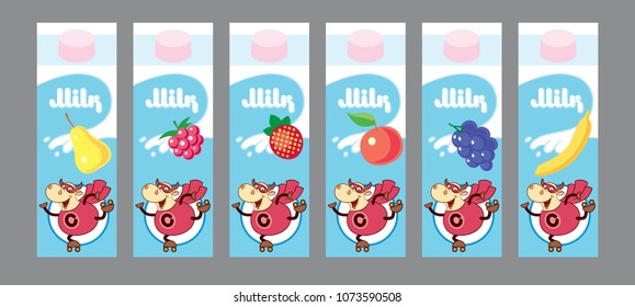 Package design for fruits milk. Vector illustration.