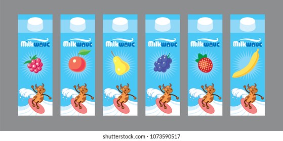 Package design for fruits milk. Vector illustration.