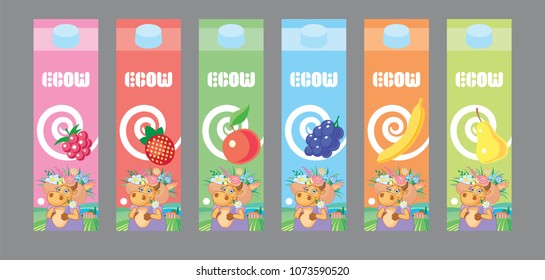 Package design for fruits milk. Vector illustration.