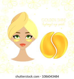 Package design for golden hydrogel eye patch with beautiful young girl. Flat vector illustration.