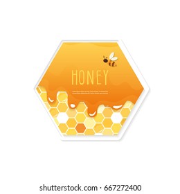 Package design. Hexagon shape label. Pattern with melted honey on the honeycomb is full under clipping mask. Isolated on white.