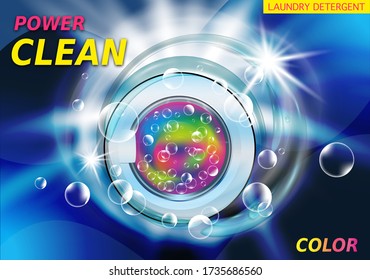 Package design for laundry detergent and liquid detergents ads with washing machine drum and water splash, soap bubbles. Washing powder for color fabric. Vector illustration.