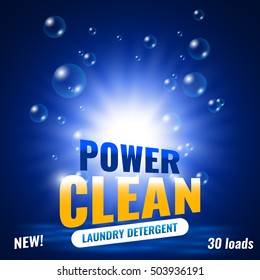 Package design for laundry detergent. Template label washing powder. Vector illustration.