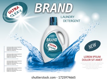 Package design for Liquid Detergents ads with water splash. Laundry detergent. Branded bleach, fabric softener. Template banner or poster, advertising. 3d realistic vector illustration