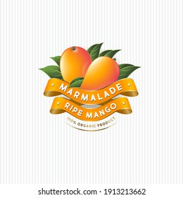 Package design for Mango marmalade. Label with ripe mangos, leaves and silk ribbons. Premium product.