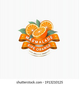 Package Design for Orange marmalade. Label with ripe oranges, leaves and silk ribbons. Premium product.