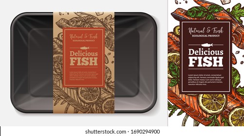 Package Design For Red Fresh Fish Food, Salmon, Tuna, Trout With Typography And Sketch Hand Drawn Slice Of Meat With Vegetables On Craft Paper Label. Plastic Foam Butcher Container Vector Mockup