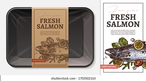 Package Design For Red Fresh Fish Food, Salmon, Tuna, Trout With Typography And Sketch Hand Drawn Slice Of Meat With Vegetables Craft Paper Label Or Tag. Plastic Foam Butcher Container Vector Mockup