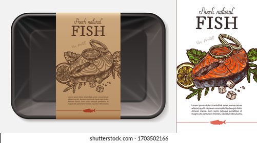 Package Design For Red Fresh Fish Food, Salmon, Tuna, Trout With Typography And Sketch Hand Drawn Slice Of Meat With Vegetables On Craft Paper Label Or Tag. Plastic Foam Butcher Container Mockup