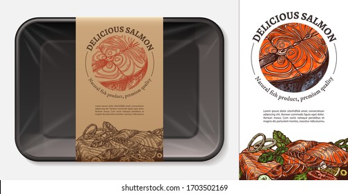 Package Design For Red Fresh Fish Food, Salmon, Tuna, Trout With Typography And Sketch Hand Drawn Slice Of Meat With Vegetables On Craft Paper Label Or Tag. Plastic Foam Butcher Container Mockup