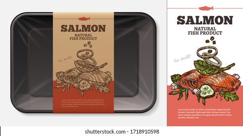 Package Design For Red Fresh Fish Food, Salmon, Tuna, Trout With Typography And Sketch Hand Drawn Slice Of Meat With Vegetables On Craft Paper Label Or Tag. Plastic Foam Butcher Container Mockup