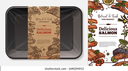 Package Design For Red Fresh Salmon, Tuna, Trout With Typography And Sketch Hand Drawn Slice Of Fish Meat With Vegetables On Craft Paper Label Or Tag. Plastic Food Foam Butcher Container Vector Mockup