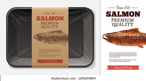 Package Design For Salmon Fresh Meat, Tuna, Trout Fillet With Typography And Sketch Hand Drawn Fish Silhouette On Craft Paper Label Or Tag. Plastic Foam Butcher Container Realistic Vector Mockup