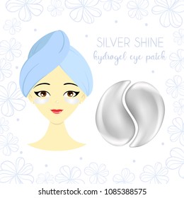 Package design for silverhydrogel eye patch with beautiful young girl. Flat vector illustration. 