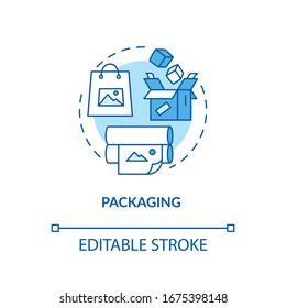 Package design studio concept icon. Gift wrap idea thin line illustration. Wrapping paper, bag and cardboard box manufacture. Vector isolated outline RGB color drawing. Editable stroke