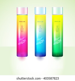 Package design template bottles with sample labels for shower gel body care or hair shampoo