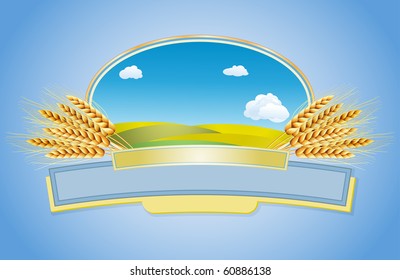 Package design. Wheat flour or Pasta, macaroni, spaghetti. Vector illustration of ears of wheat, label and landscape.