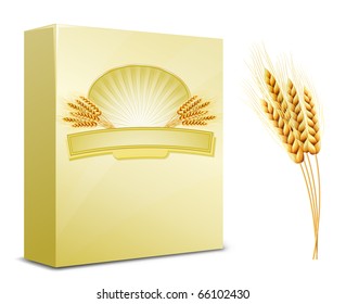 Package design. Wheat flour or Pasta, macaroni, spaghetti. Vector illustration of ears of wheat and label.