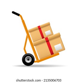 Package dolly, hand truck dolly, trolley with cardboard box. Transportation, warehousing, delivery service and logistics concept.3d vector icon.