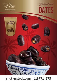 Package of dried sweet palm dates. Mediterranean and Arabia desserts, snac and fruits. Realistic isolated fruit of date palm on colorful background.