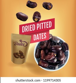 Package of dried sweet palm dates. Mediterranean and Arabia desserts, snac and fruits. Realistic isolated fruit of date palm on colorful background.