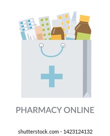 Package of drugs from the pharmacy. Online ordering of medicines. Medical concept of drug store. Flat vector illustration. 