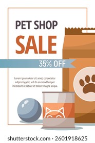 A package of dry cat food, a can of food and a ball. Pet store concept. Vector flyer, leaflet template