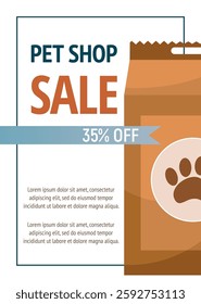 Package with dry feeding for cats or dogs on white background. Pet shop concept flyer template.
