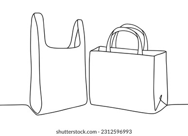 Package and eco bag. Rejection of polyethylene. Choice for the environment. International Plastic Bag Free Day. One line drawing for different uses. Vector illustration.