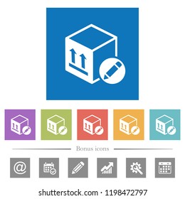 Package edit flat white icons in square backgrounds. 6 bonus icons included.