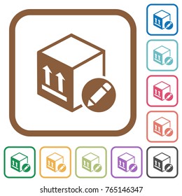 Package edit simple icons in color rounded square frames on white background