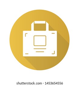 Package flat design long shadow glyph icon. Shopping handbag vector silhouette illustration. Businessman, company worker briefcase. Corporate identity, branded merchandise. Container with handle