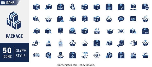 Package flat icon set. Containing Delivery, parcel, box, cargo and more. Vector illustration