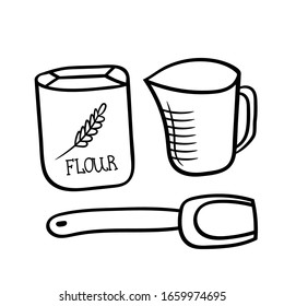 Package of flour, measuring Cup and spoon. Kitchen accessory.Vector illustration isolated on a white background. Sketch in Doodle style. 