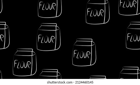 package of flour on a black background. vector illustration, pattern. flour is poured into a large blue paper bag. illustration for a cafe. seamless illustration in black and white style