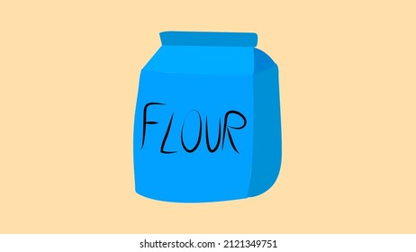 package of flour on an orange background. vector illustration. flour is poured into a large blue paper bag. illustration for cafe and restaurant