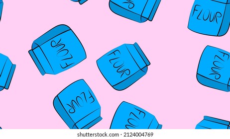 package of flour on a pink background. vector illustration, pattern. flour is poured into a large blue paper bag. illustration for a cafe. seamless illustration
