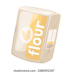 Package with flour text, cartoon paper box. Grocery store and supermarket packaging with wheat flour and ear on label, cartoon bulk food product, ingredient for baking and cooking vector illustration