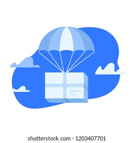 Package flying down from sky with parachute. Flat design colorful vector illustration concept for delivery service isolated on white