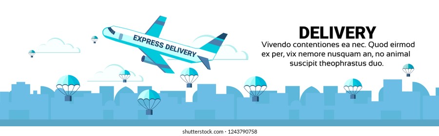 Package flying parachutes airplane unloading express fast parcel delivery service concept international shipping isolated horizontal banner copy space