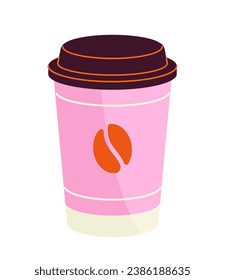 Package for food concept. Colorful container, pink cup. Fastfood and takeaway eating. Mug for coffee shop or cafe. Cartoon flat vector illustration isolated on white background