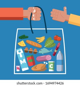 Package of food and drinks. Purchase and delivery concept. Flat vector illustration