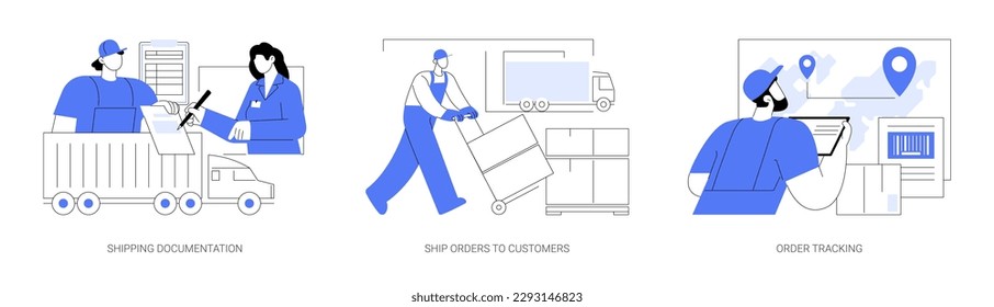 Package formation abstract concept vector illustration set. Shipping documentation, delivery orders to customer, order tracking, loading goods for shipment, worldwide transportation abstract metaphor.