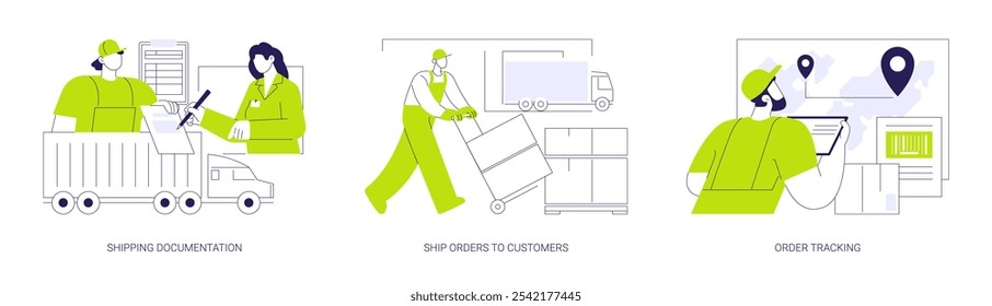 Package formation abstract concept vector illustration set. Shipping documentation, delivery orders to customer, order tracking, loading goods for shipment, worldwide transportation abstract metaphor.