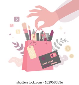 Paquete lleno de diferentes cosméticos decorativos. Venta de productos de belleza. Mano femenina sujeta el paquete con herramientas de maquillaje. Comprar con tarjeta de descuento. Préstamo y pinceles en bolsa. Ilustración del vector