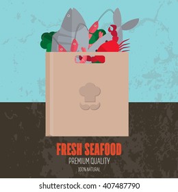Package full of food. Package with meal on a textured background. Fresh and tasty seafood