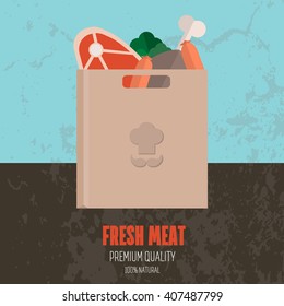 Package full of food. Package with meal on a textured background. Fresh and tasty meat